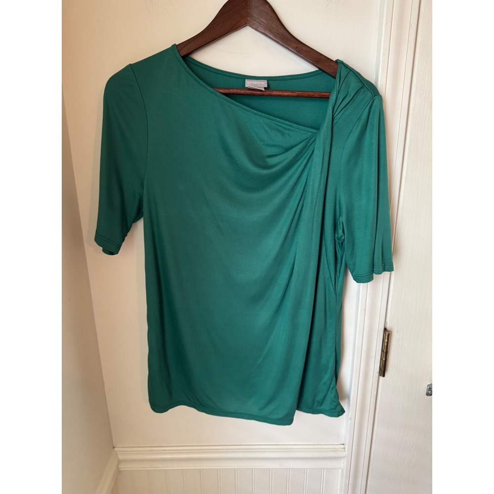 Chicos Emerald Green Modal Asymmetrical Draped Neck Top Short Sleeve Size 1 M
